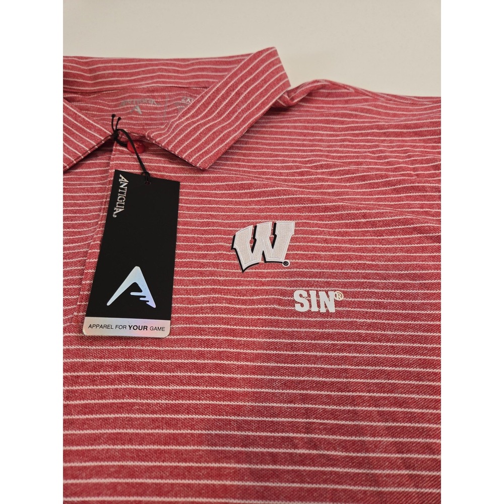 Wisconsin Badgers Polo Shirt Mens 2XLT Red White Striped NCAA Antigua UW Golf - Picture 2 of 7